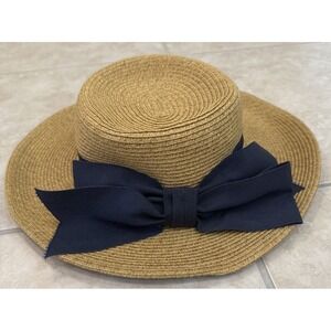 Toucan Collection New York Packable Paper Hat Natural W/Blue Bow Cruise Beach